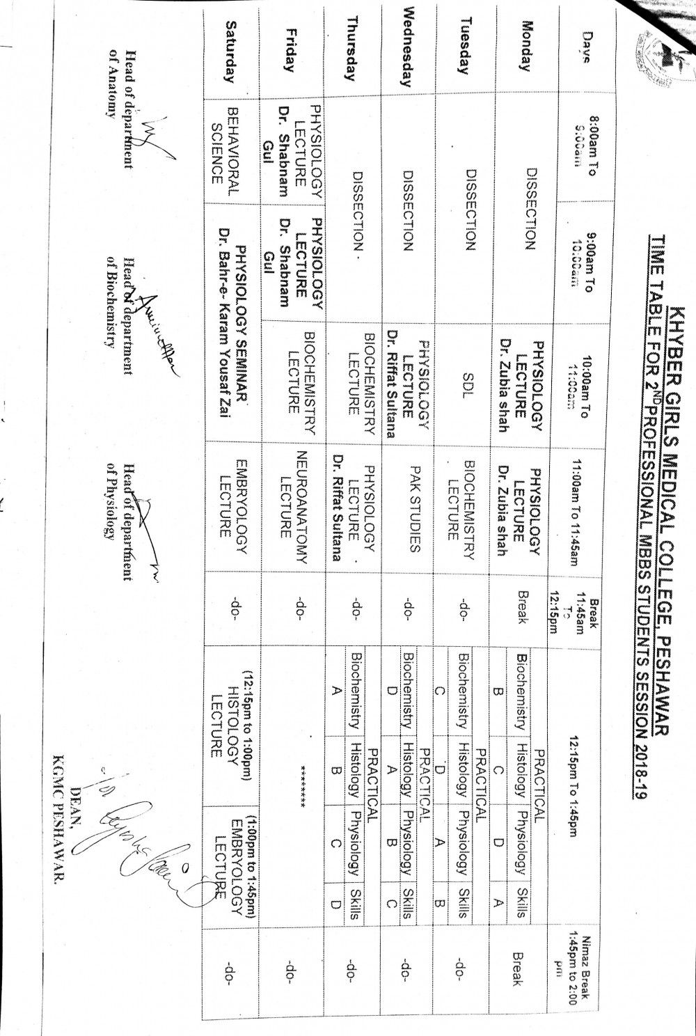 New 2nd Professional MBBS 2018 19 Attendance Sheets And Time Table KGMC